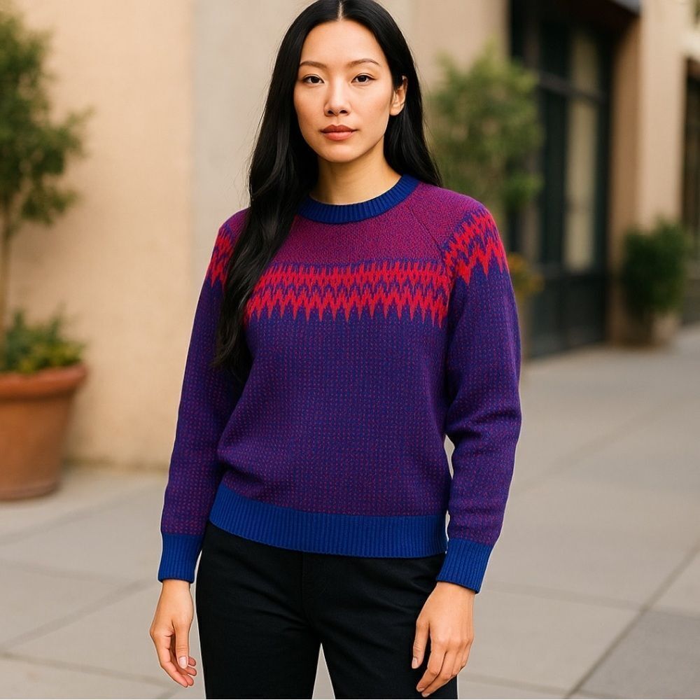 J. CREW Women’s Wool Crew Neck Pompom Sweater Blue/Red Size Extra Extra Small